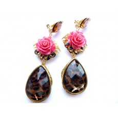 Multicolor Statement earrings, Tortoise errigns, post dangle earrings, pink, rose, flower, brown, oversized, teardrop, 